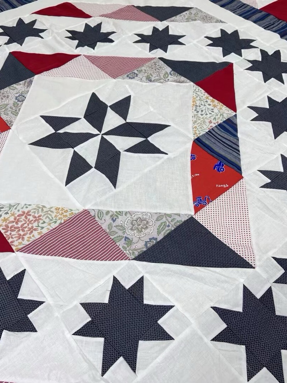 Handmade Broken Star Patchwork Cotton fabric Queen size Quilt Top/Topper - Picture 3 of 4